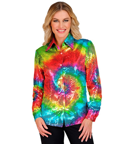 Paillettenshirt dames tie dye meerkleurig - kleurrijk glitter discoshirt met tie dye pailletten