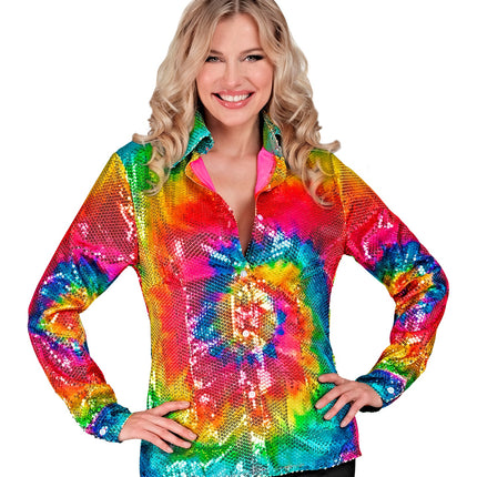 Glitter tie dye paillettenshirt dames - meerkleurig discoshirt reggae foute party
