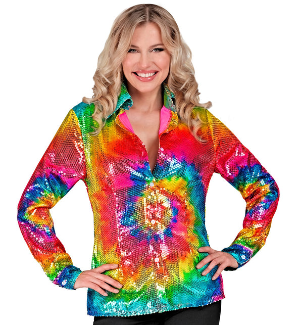 Glitter tie dye paillettenshirt dames - meerkleurig discoshirt reggae foute party
