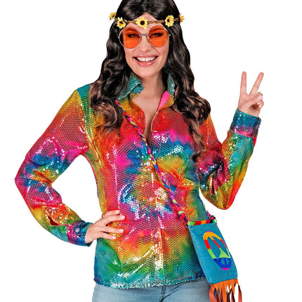 Tie dye paillettenshirt dames detail - regenboog glitter discoshirt reggae