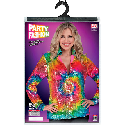 Paillettenshirt tie dye dames achterkant - kleurrijk glitter discoshirt disco