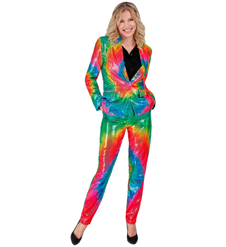 Tie dye paillettenbroek Mara dames - regenboog glitter discobroek foute party