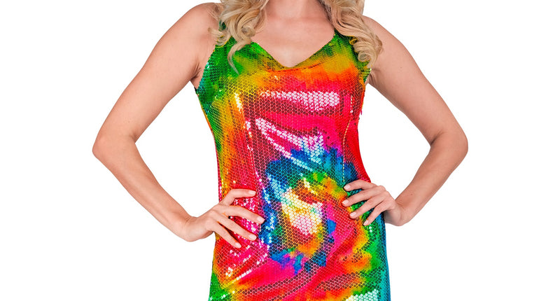 Paillettenjurk Mara tie dye - glitterjurk met tie dye pailletten voor foute party
