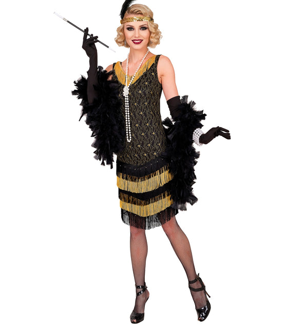 Jaren 20 flapper jurk met gouden franje langs de halslijn en kanten bloemmotief