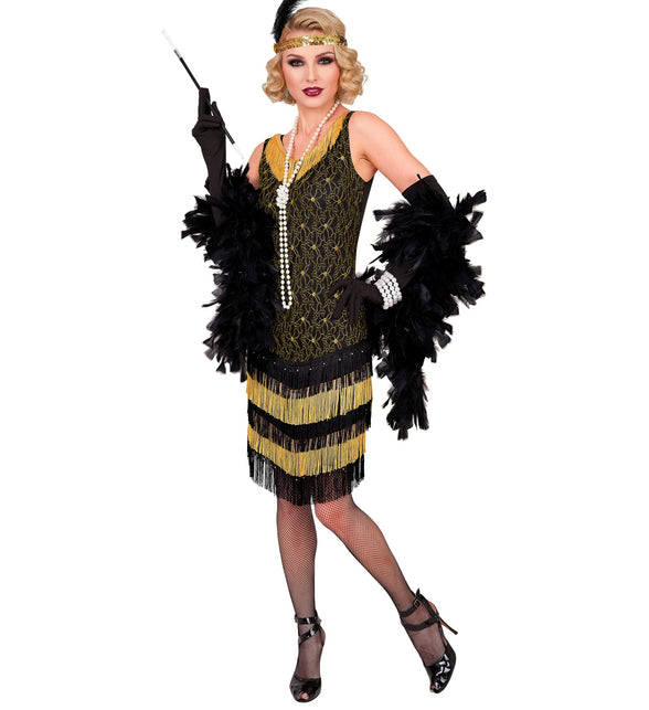 Flapper jurk zwart-goud gedragen in danspose, franje in beweging op een jaren 20-feest