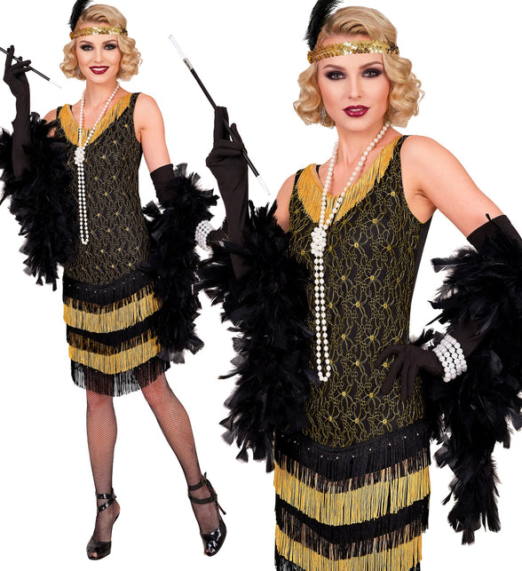Jaren 20 flapper jurk dames in zwart met gouden franjelagen en kanten lijfje, voor een themafeest
