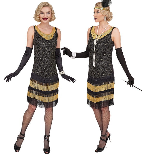 Flapper jurk dames zwart met goud, voor- en zijaanzicht met franje op kniehoogte