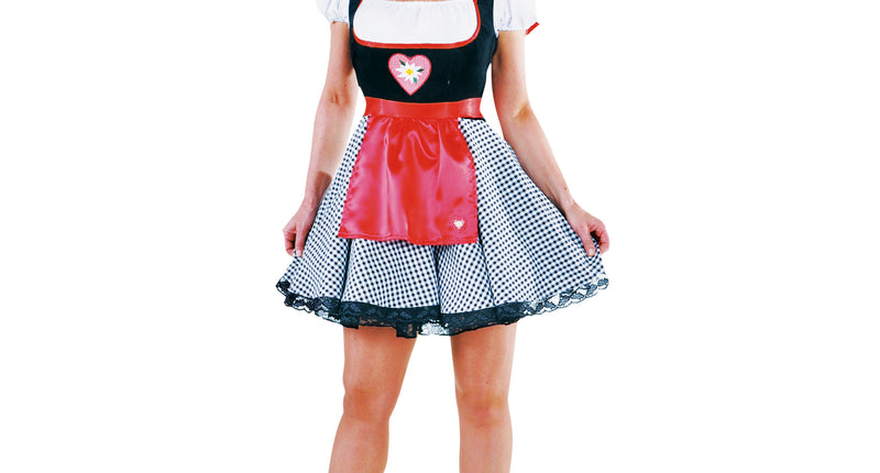Dirndl Tiroolse Dina met zwart-wit geruite rok, rood schort en geruit hart, voor Oktoberfest