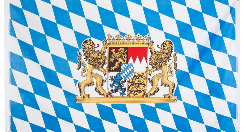 Polyester vlag Beieren 90 x 150 cm met blauw-witte ruiten, Beiers wapen en metalen ogen
