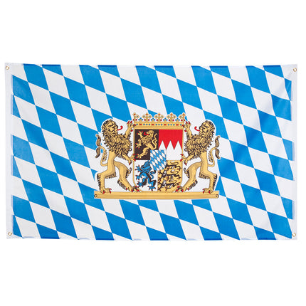 Polyester vlag Beieren 90 x 150 cm met blauw-witte ruiten, Beiers wapen en metalen ogen