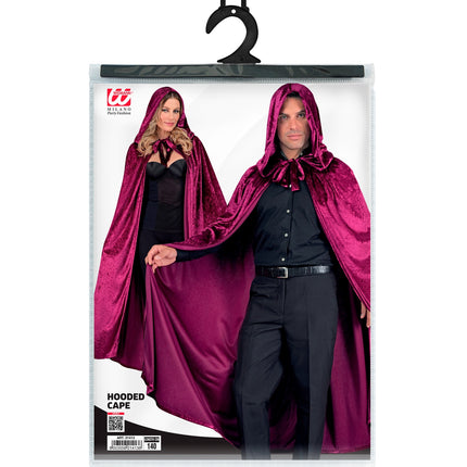 Verpakking van de bordeaux fluwelen cape met kap van Widmann, lengte 140 cm