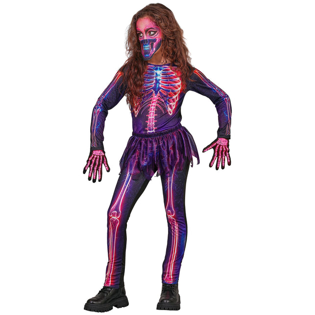Neon skelet jumpsuit meisjes 3-delig met tutu en masker — foto 3