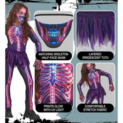 Neon skelet jumpsuit meisjes 3-delig met tutu en masker — foto 5