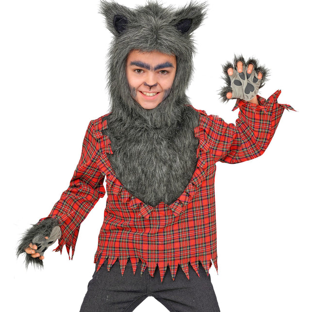 Weerwolf shirt jongens rood met bontcapuchon en klauwen