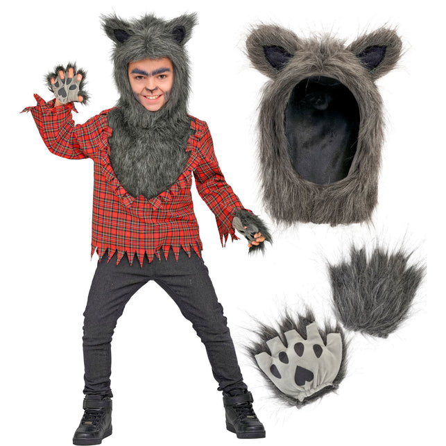 Weerwolf shirt jongens rood met bontcapuchon en klauwen — foto 2