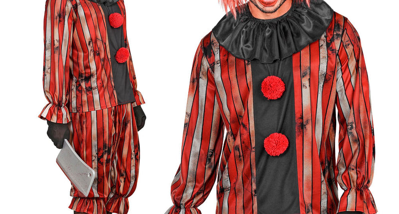 Gemene clown kostuum heren rood gestreept met plooikraag