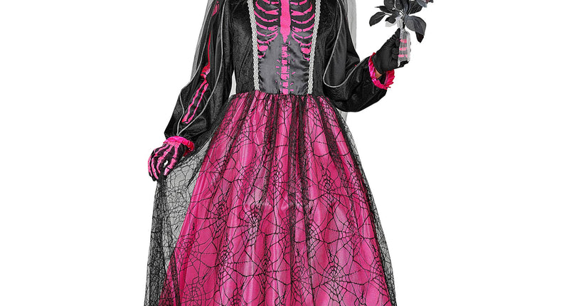Skeletbruidsjurk meisjes roze met sluier en hoepelrok