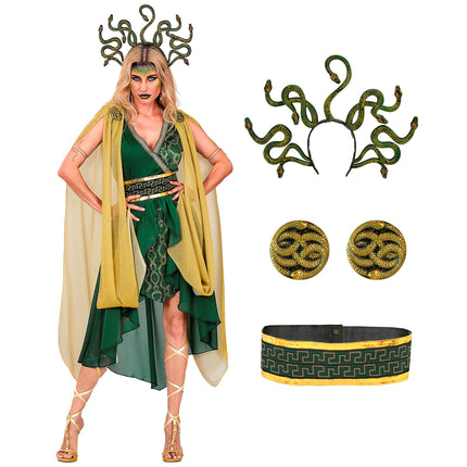 Medusa jurk dames groen met gouden cape en slangenhoofdband — foto 2