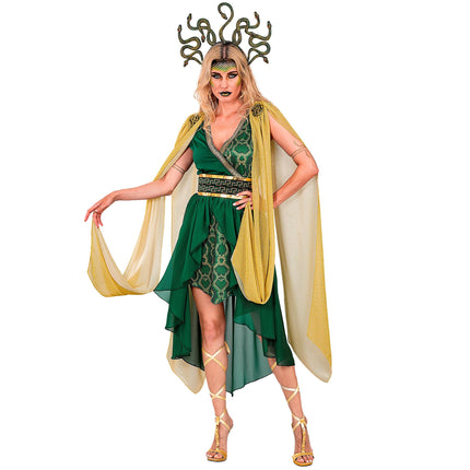 Medusa jurk dames groen met gouden cape en slangenhoofdband — foto 3