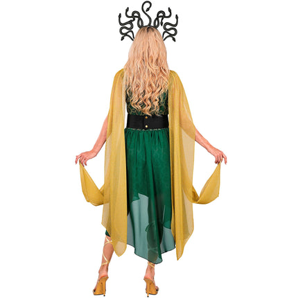 Medusa jurk dames groen met gouden cape en slangenhoofdband — foto 6