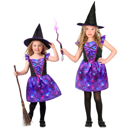 Heksenjurk met hoed meisjes paars met sterrenprint