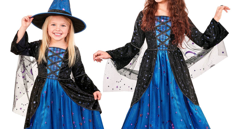 Heksenjurk met sluier meisjes blauw met sterrenprint