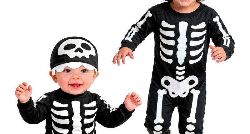 Skelet jumpsuit jongens zwart met witte botprint en kapje