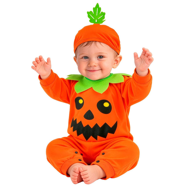 Pompoen jumpsuit jongens oranje met pompoenmuts — foto 2
