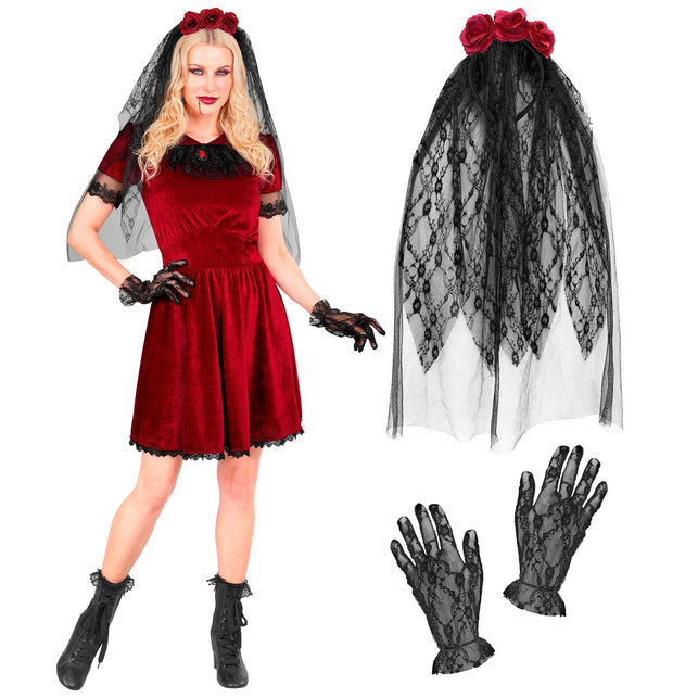 Gothic vampier bruidsjurk dames rood met sluier — foto 2