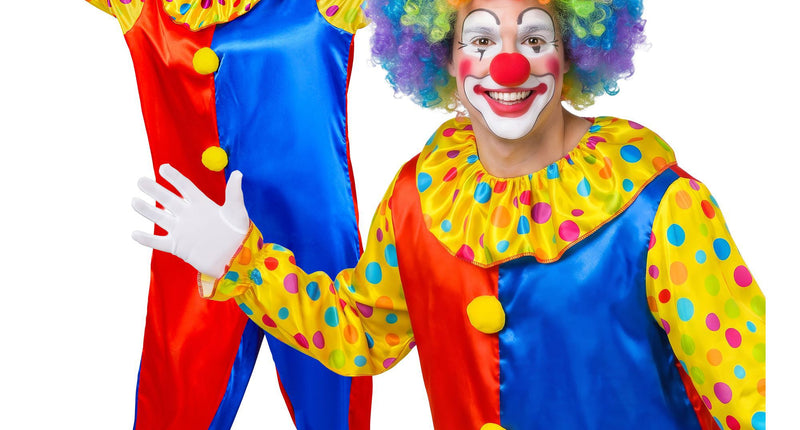Clown jumpsuit volwassenen rood blauw met stippen