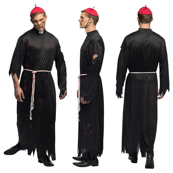 Zombie priester kostuum heren zwart met kalot en koord — foto 6