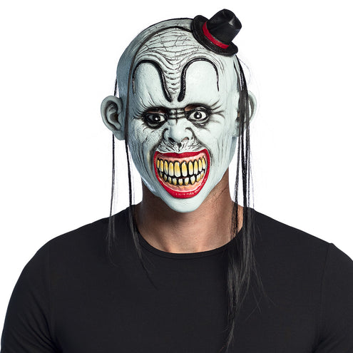 Latex hoofdmasker Bad clown met haar en mini hoge hoed