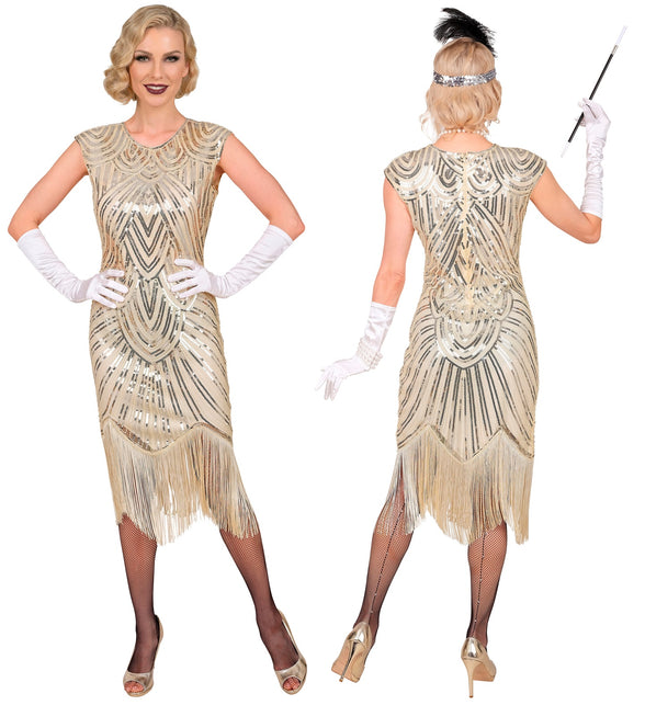 Flapper jurk dames achterkant met sluiting en doorlopend artdecopaillettenpatroon