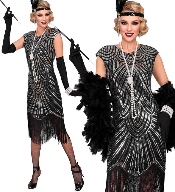Flapper jurk zilver dames met zwart-zilveren pailletten en franjezoom voor een jaren 20-feest