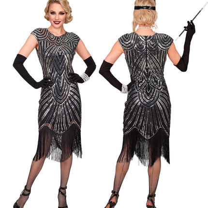 Roaring jaren 20 gatsby flapper jurk zilver voor dames zijaanzicht – kostuums