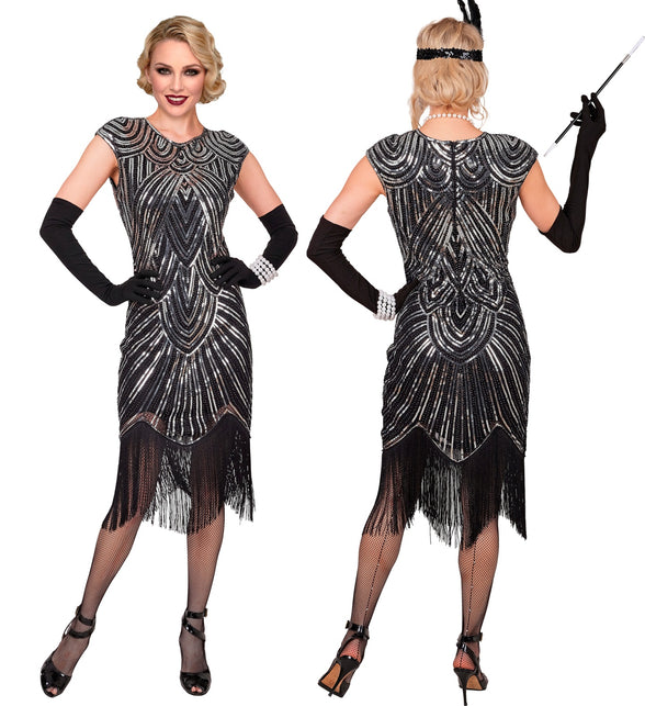 Zilveren flapper jurk dames voor- en achterkant met art-decopatroon en zwarte franje