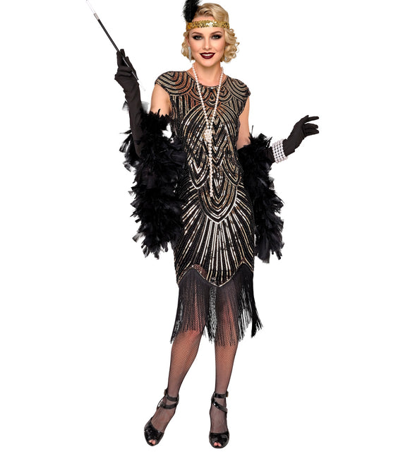 Gatsby jurk goud dames rechtvallend model met lange zwarte franjes onder de zoom