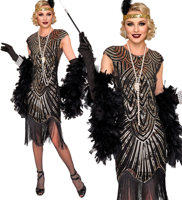 Gatsby flapper jurk goud met zwart art-decopatroon en franjezoom voor dames, jaren 20-feest