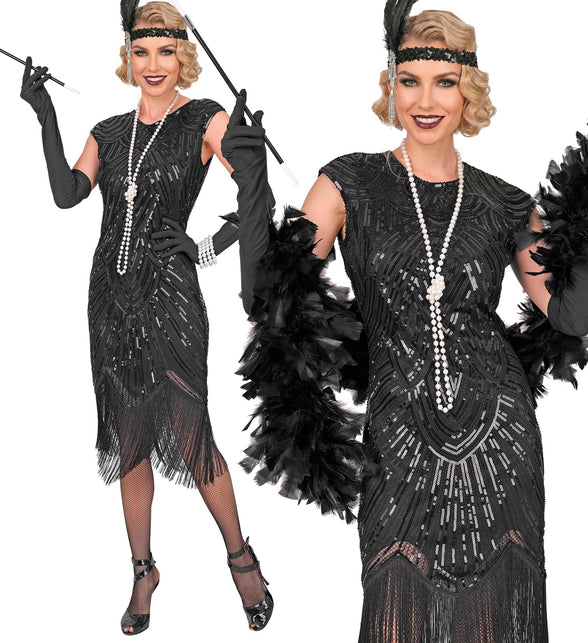 Zwarte gatsby flapper jurk dames met pailletten in artdecopatroon en franjezoom voor jaren 20-feest