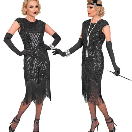 Roaring jaren 20 gatsby flapper jurk zwart voor dames achterkant – kostuums