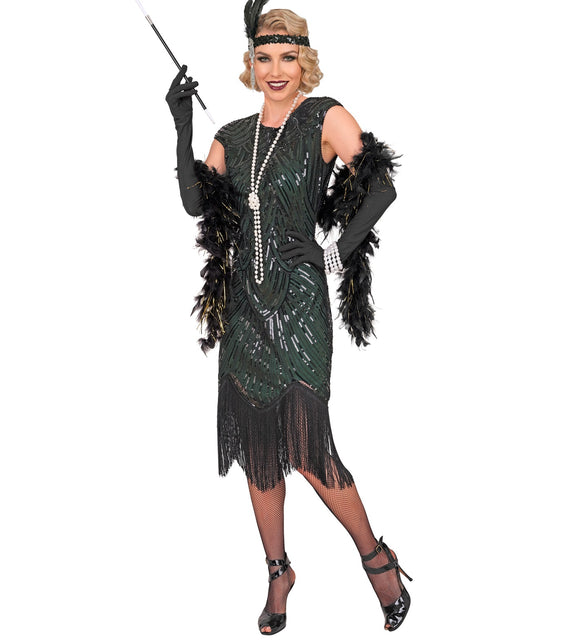 Flapper jurk groen dames voor een jaren 20 feest, recht model met franjerand