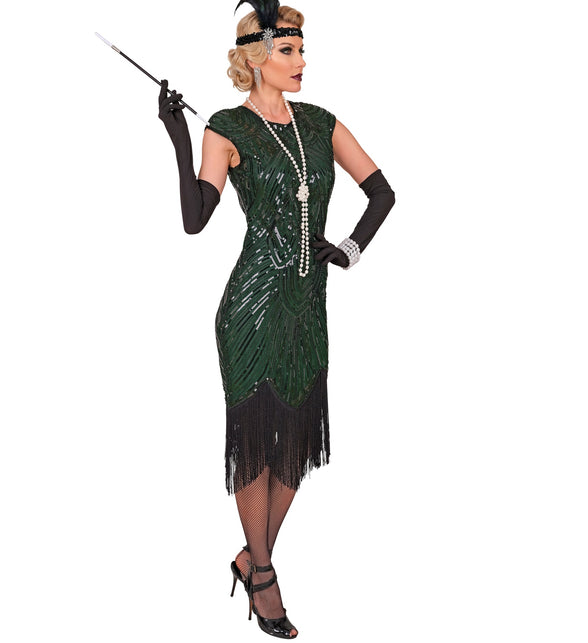 Jaren 20 flapperjurk groen zijaanzicht met art deco-fanpatroon en franjezoom