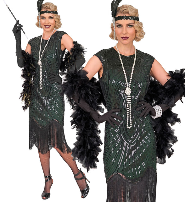 Jaren 20 gatsby flapper jurk groen met zwarte franjezoom, gedragen op een charlestonfeest