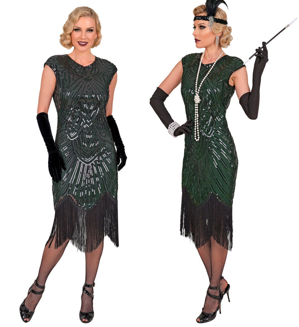 Groene flapperjurk dames met art deco-paillettenpatroon en capmouwtjes, voor- en zijaanzicht