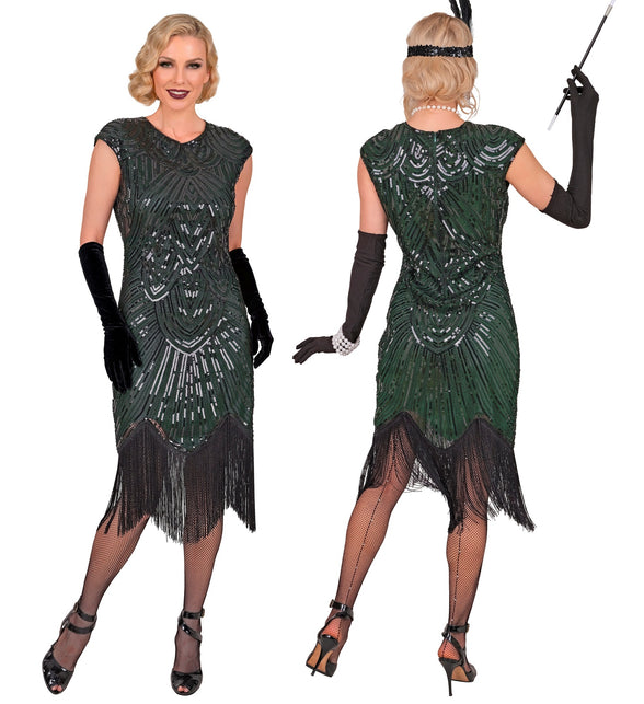 Gatsby jurk groen achterkant met paillettenmotief en gepunte franjezoom tot op de knie