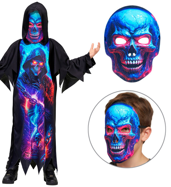 Neon Magere Hein kostuum jongens met los skeletmasker in blauw en rood, gedragen op het gezicht