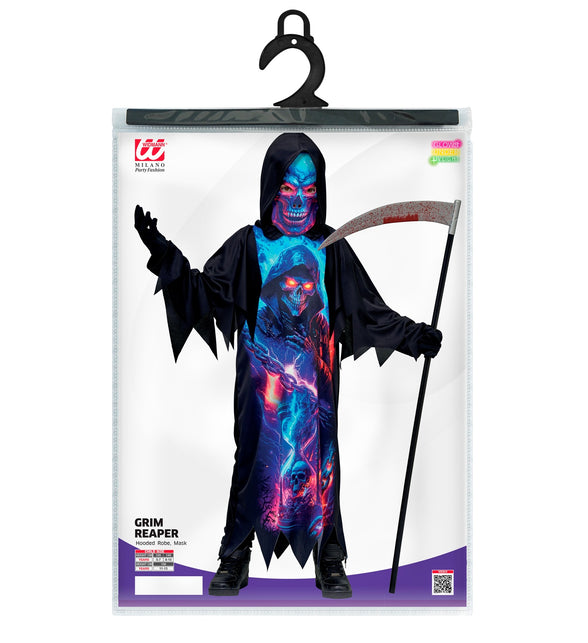 Neon Magere Hein gewaad jongens in verpakking met gewaad en masker, kindermaten 128 tot 158 cm