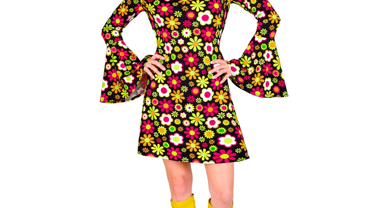 70s jurk flowers dames - retro flower power verkleedjurk met bloemenprint