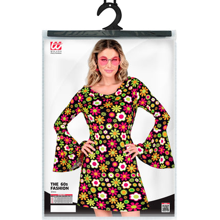 Bloemen jaren 70 jurk achterkant - hippie flower power kleding dames retro