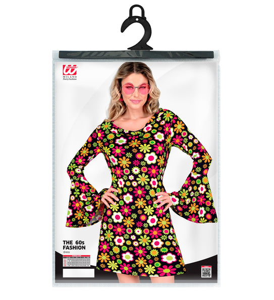 Bloemen jaren 70 jurk achterkant - hippie flower power kleding dames retro